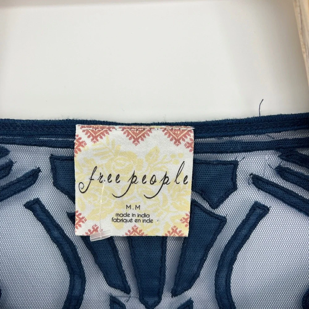 Free People Mesh Yoke Top Womens Medium Navy Blue Boho Embroidered Split Back
